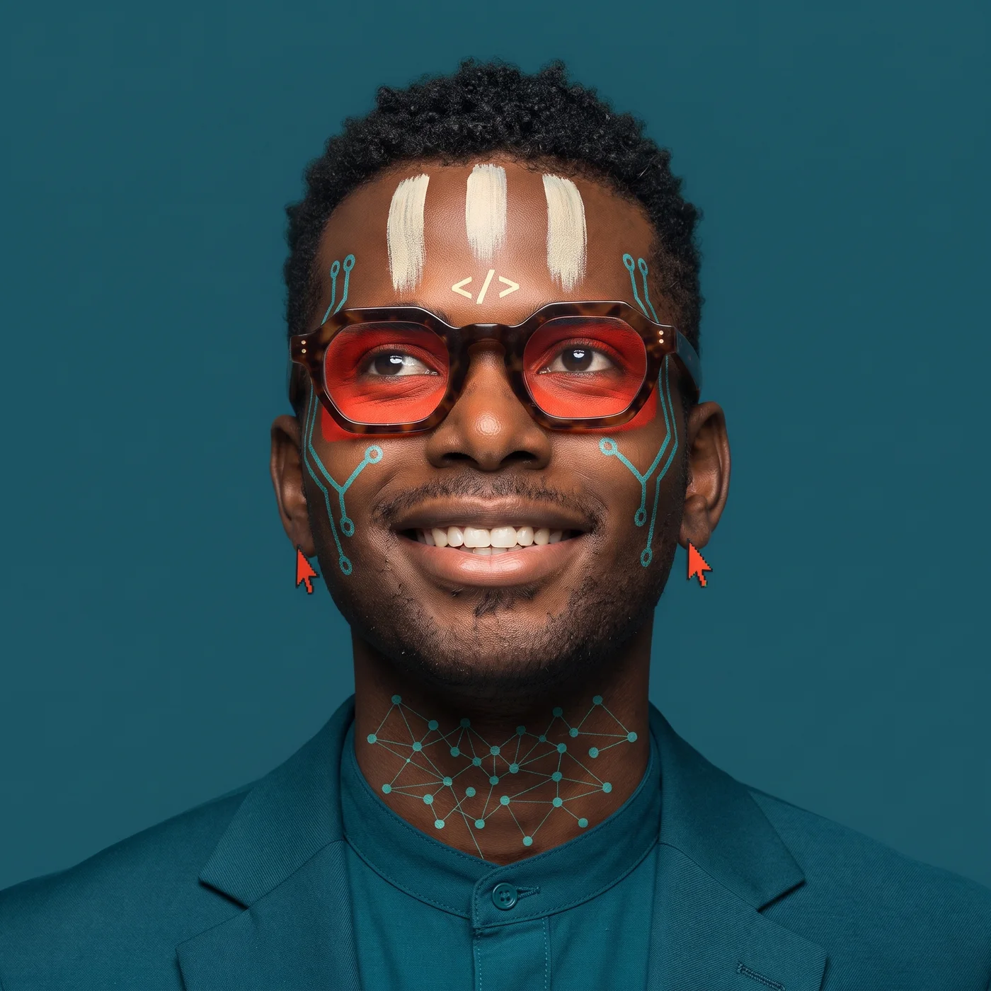 Portrait de Ghislain Kodjo, le visage peint de motifs de code et d'IA