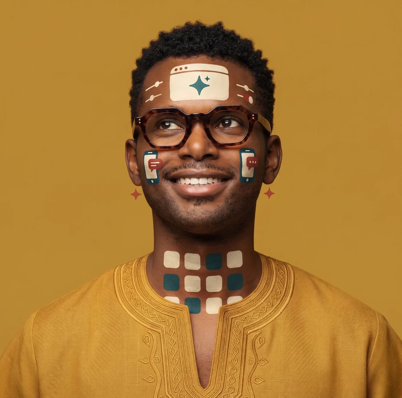 Portrait de Ghislain Kodjo, visage peint de motifs liés à outils ia
