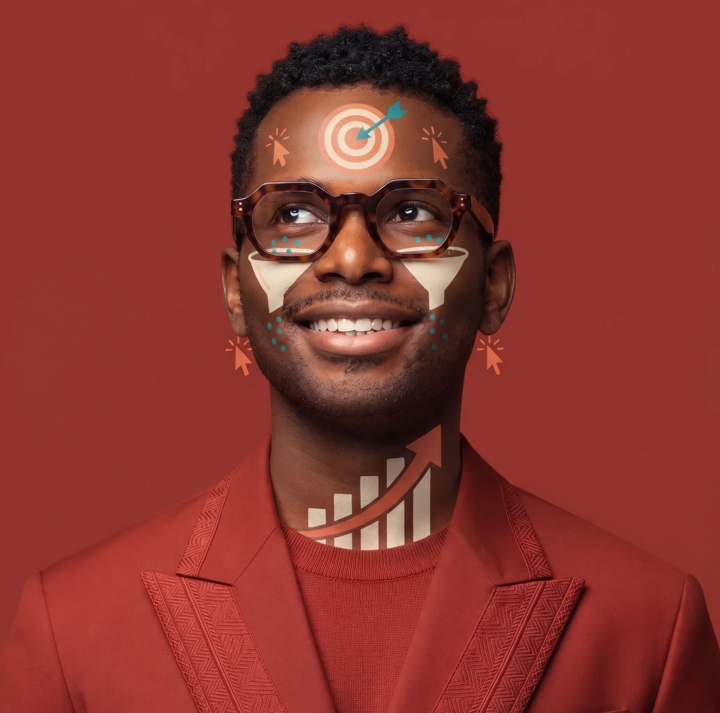 Portrait de Ghislain Kodjo, visage peint de motifs liés à acquisition